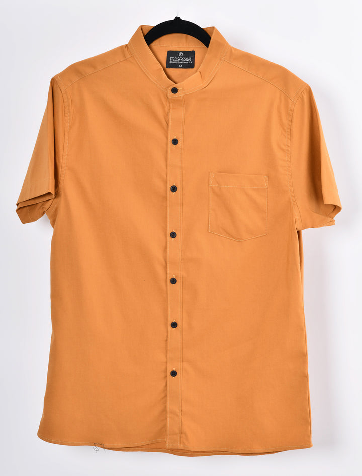 Camisa oxford manga corta cuello chino - mostaza