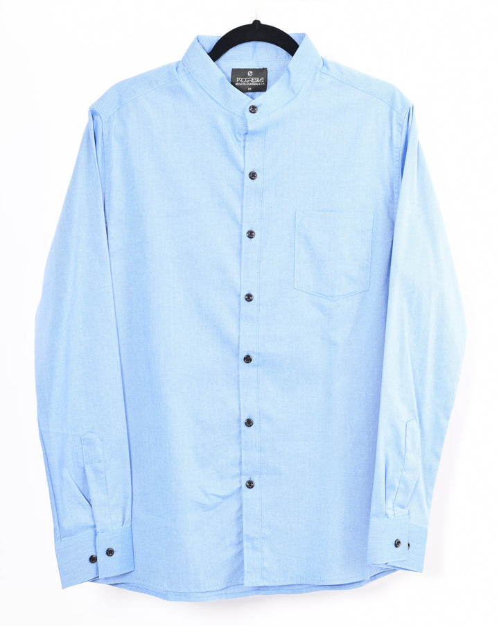 Camisa oxford manga larga cuello chino - azul