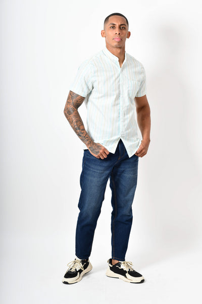 Camisa manga corta - blanca rayas verde
