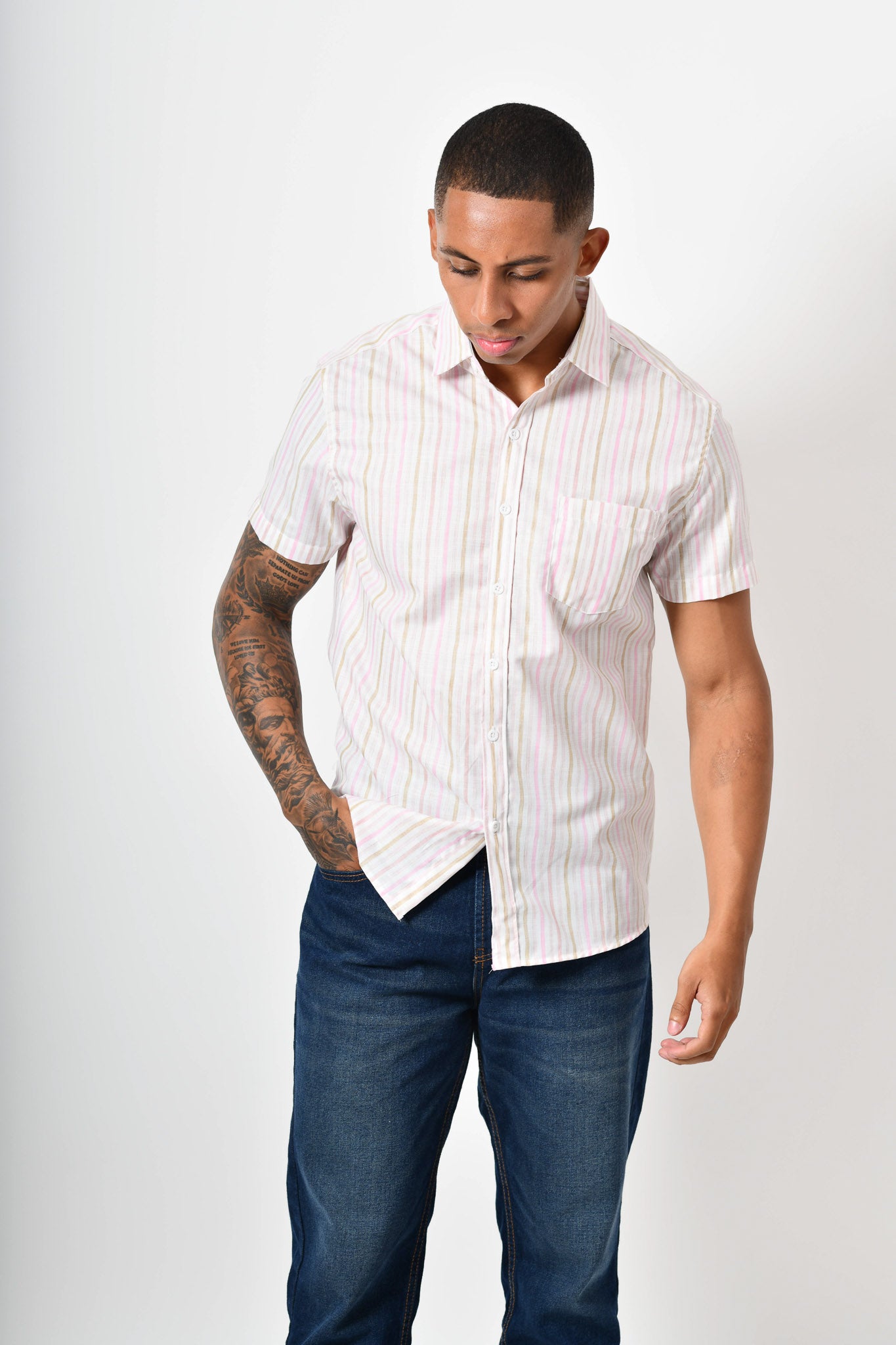 Camisa manga corta - blanca rayas rosa