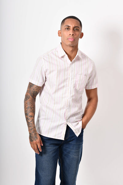 Camisa manga corta - blanca rayas rosa