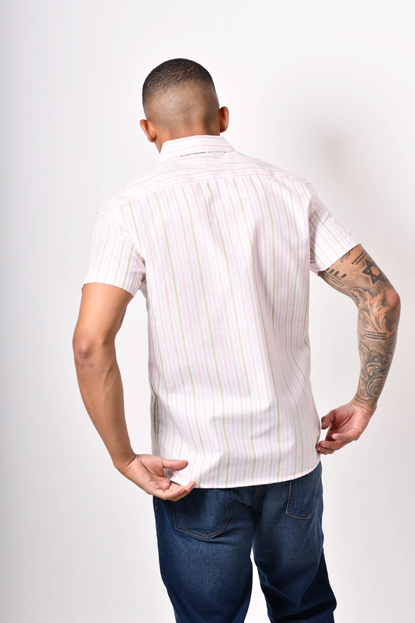 Camisa manga corta - blanca rayas rosa