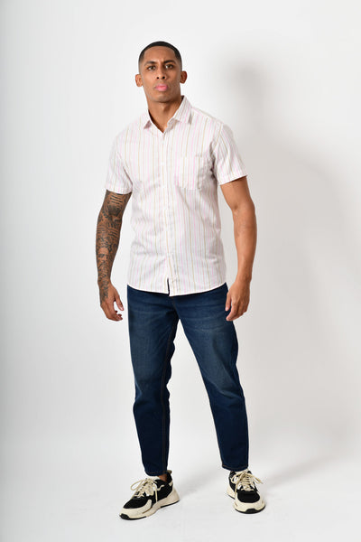Camisa manga corta - blanca rayas rosa