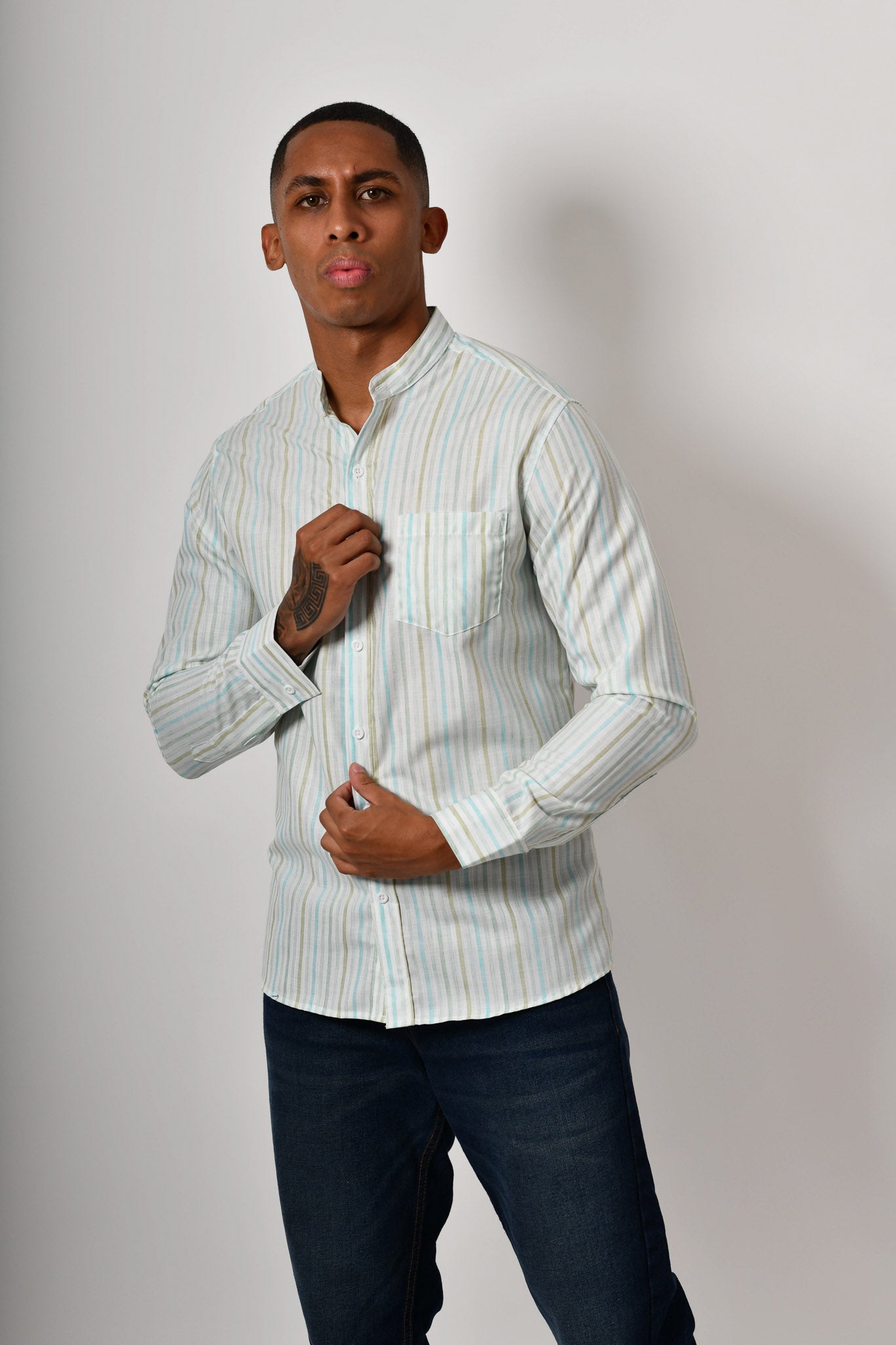 Camisa manga corta - blanca rayas verde