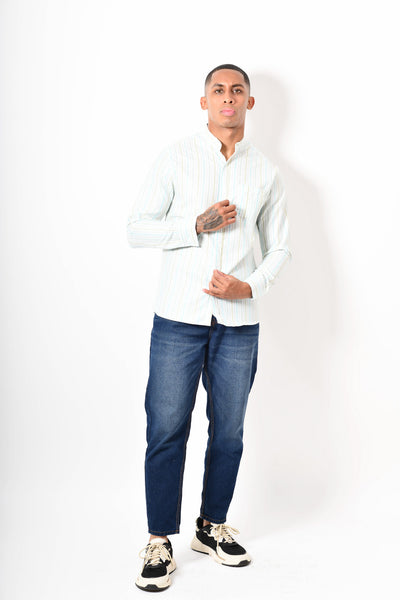 Camisa manga corta - blanca rayas verde