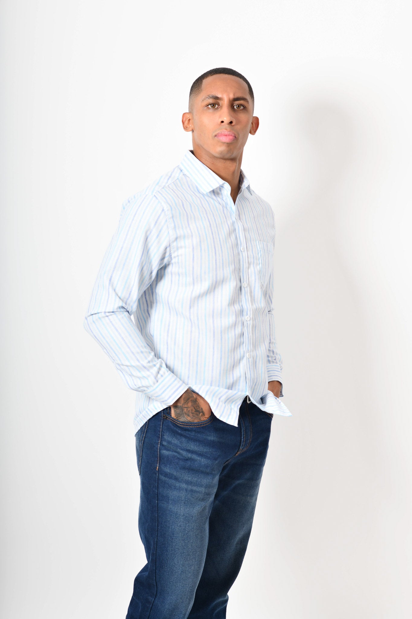 Camisa manga corta - blanca rayas azul