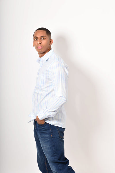 Camisa manga corta - blanca rayas azul