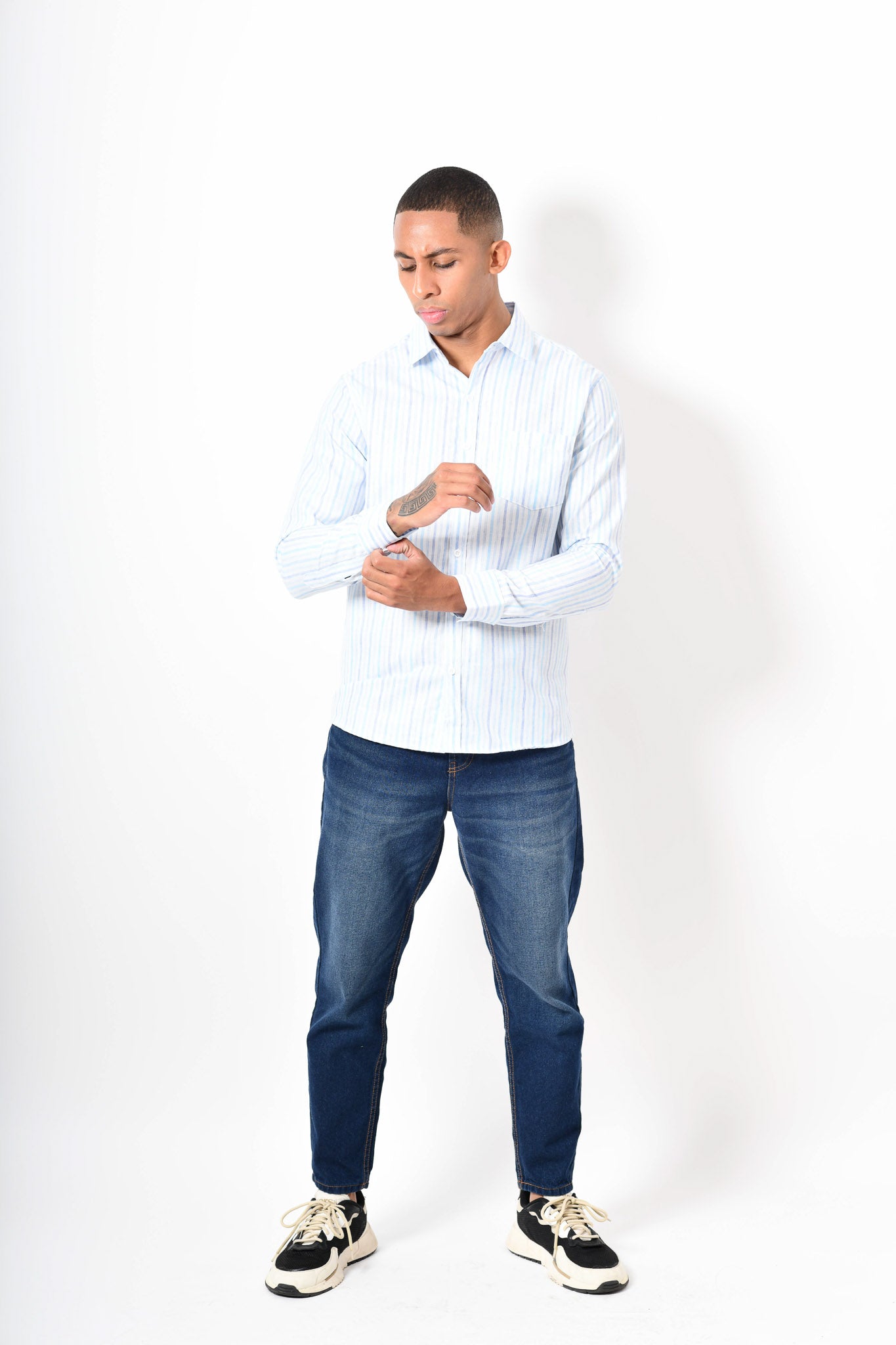 Camisa manga corta - blanca rayas azul