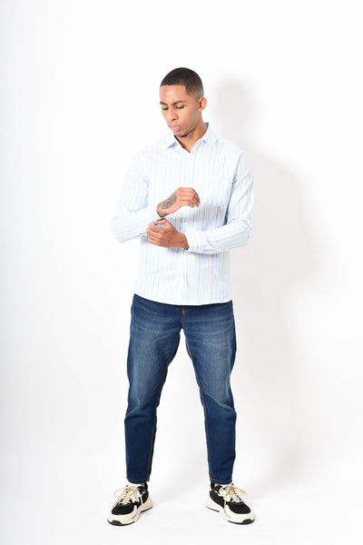 Camisa manga corta - blanca rayas azul
