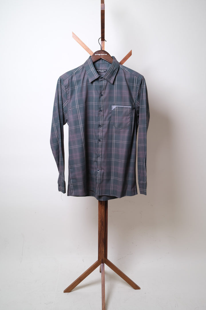 Camisa manga larga cuello normal - gris cuadros verdes
