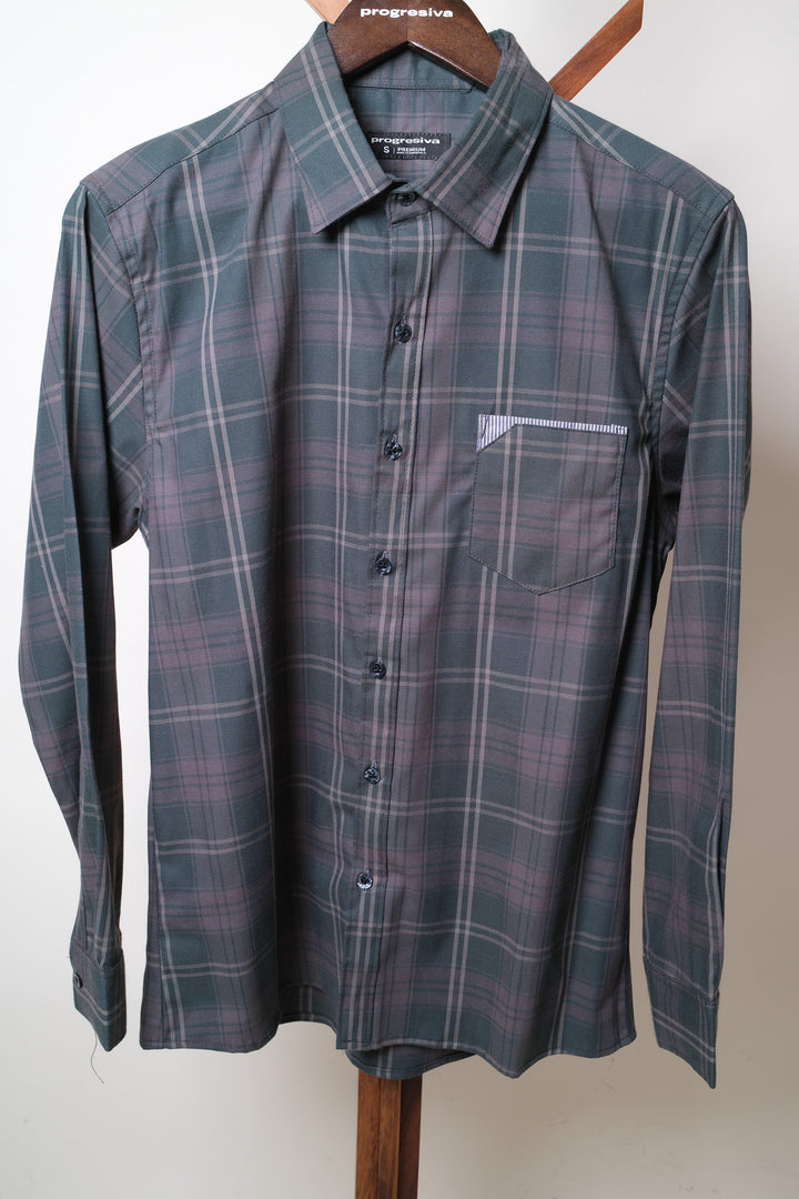Camisa manga larga cuello normal - gris cuadros verdes
