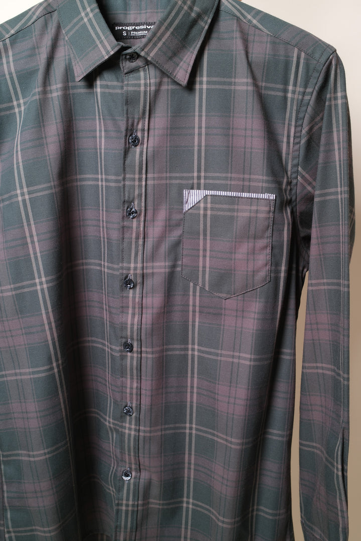 Camisa manga larga cuello normal - gris cuadros verdes