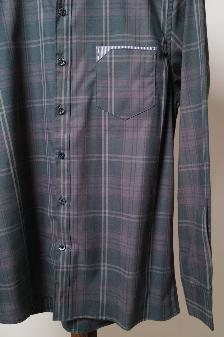 Camisa manga larga cuello normal - gris cuadros verdes