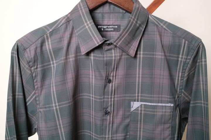 Camisa manga larga cuello normal - gris cuadros verdes