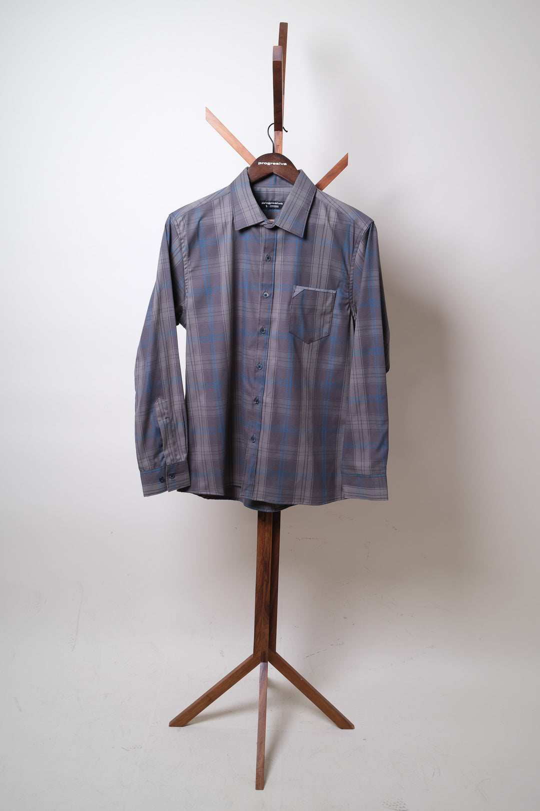 Camisa manga larga cuello normal - gris cuadros azules