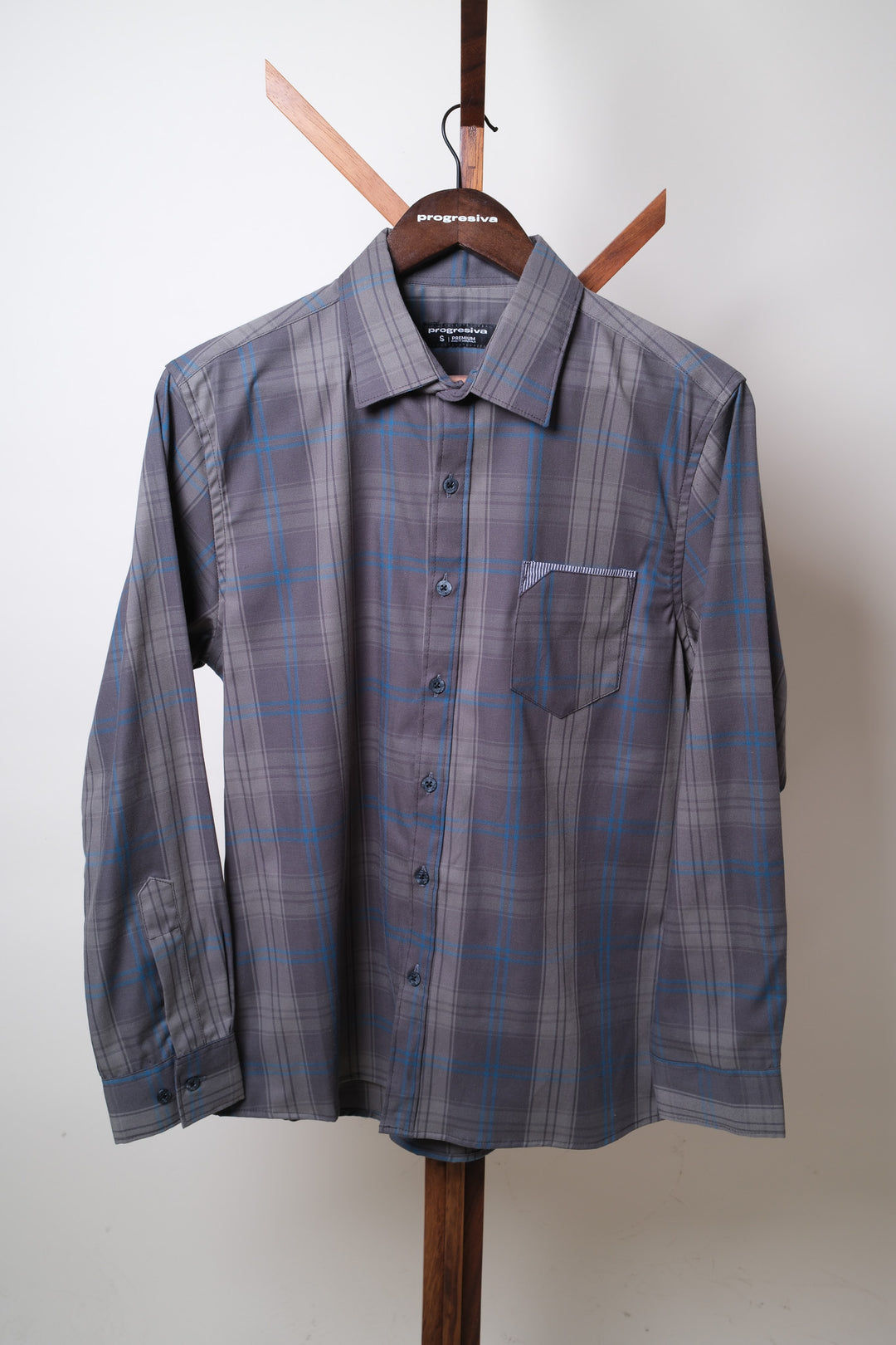 Camisa manga larga cuello normal - gris cuadros azules