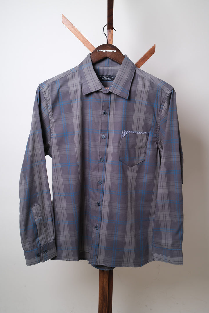 Camisa manga larga cuello normal - gris cuadros azules