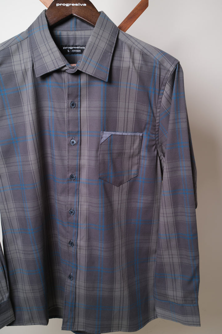 Camisa manga larga cuello normal - gris cuadros azules