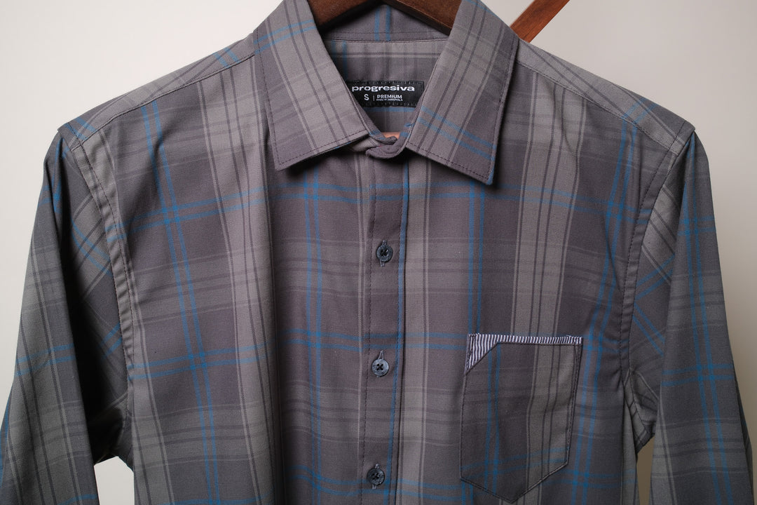 Camisa manga larga cuello normal - gris cuadros azules