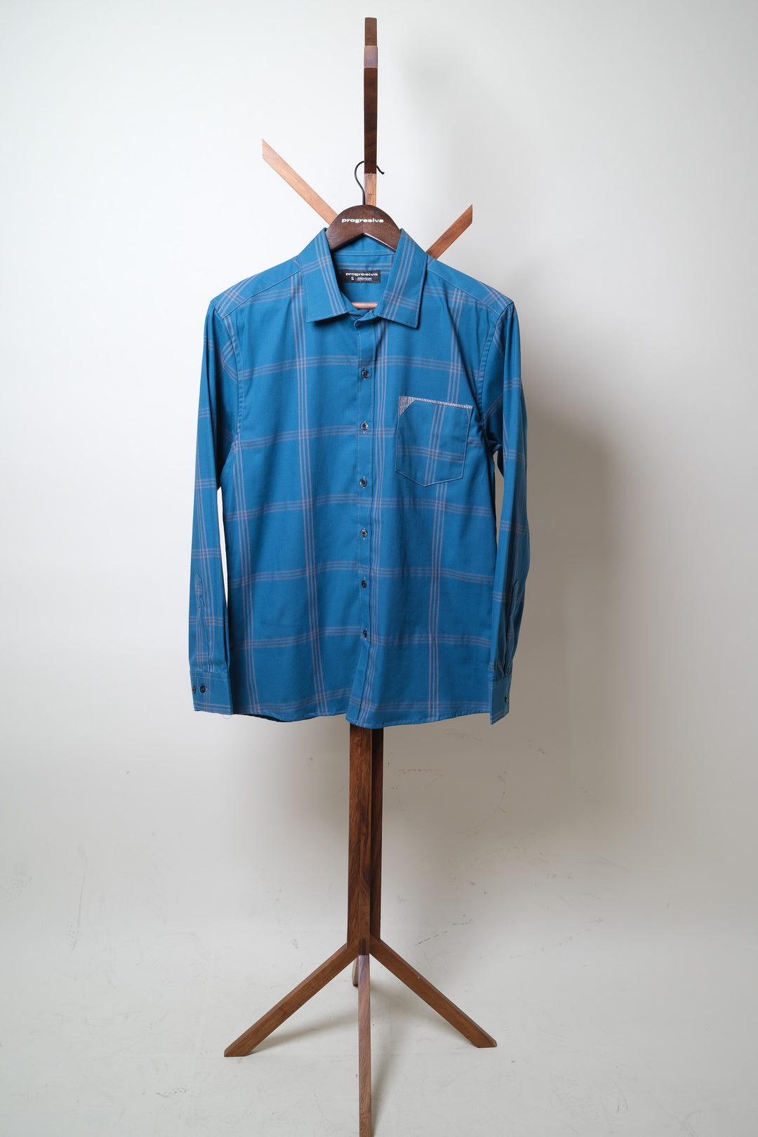 Camisa manga larga cuello normal - turquesa cuadros azules