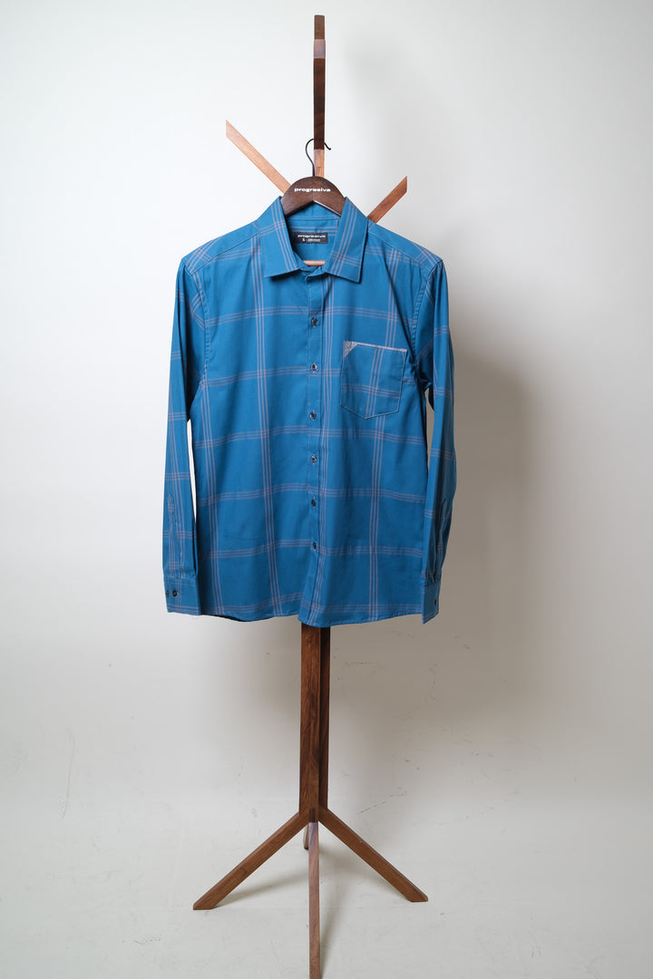 Camisa manga larga cuello normal - turquesa cuadros azules