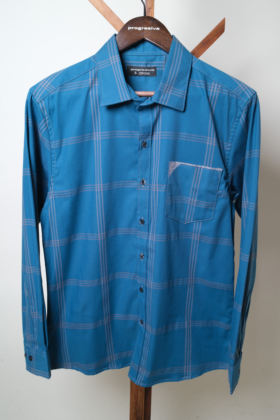 Camisa manga larga cuello normal - turquesa cuadros azules