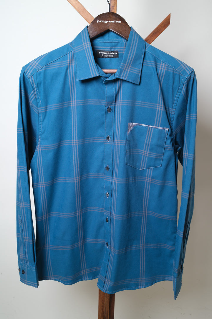 Camisa manga larga cuello normal - turquesa cuadros azules