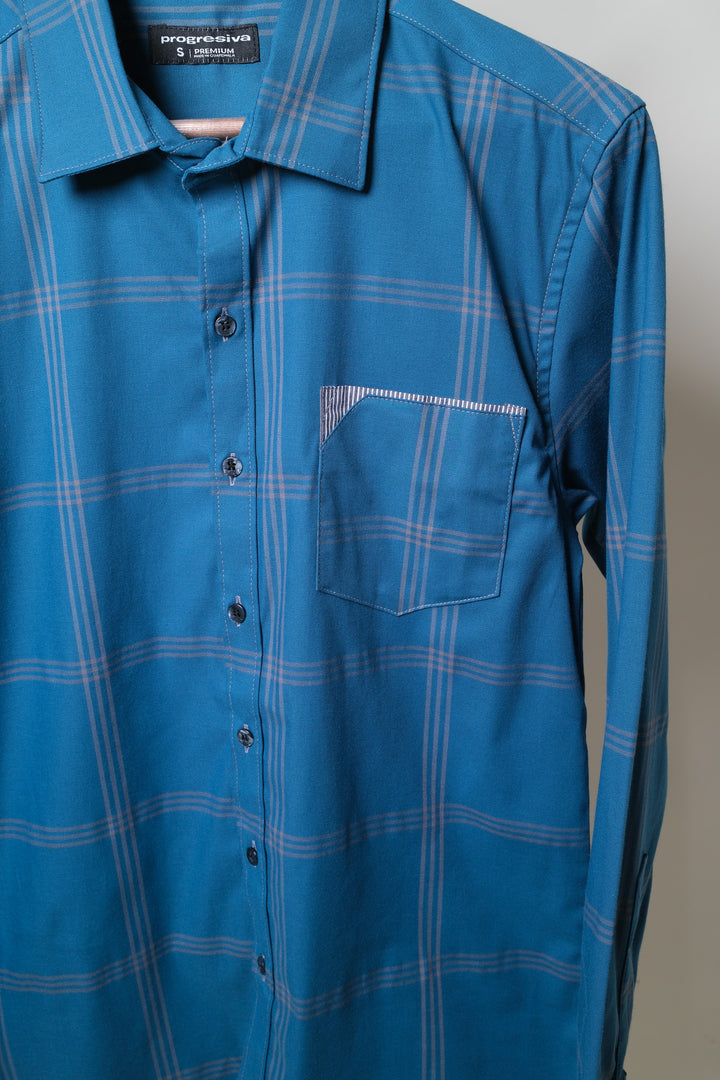 Camisa manga larga cuello normal - turquesa cuadros azules