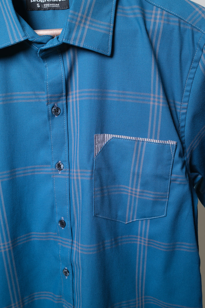 Camisa manga larga cuello normal - turquesa cuadros azules