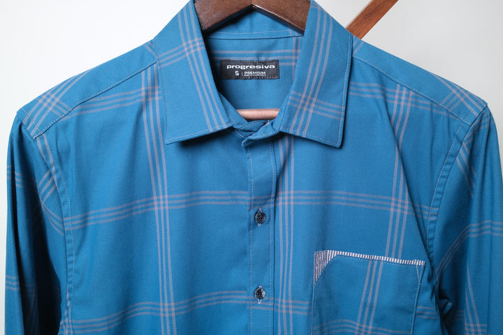 Camisa manga larga cuello normal - turquesa cuadros azules