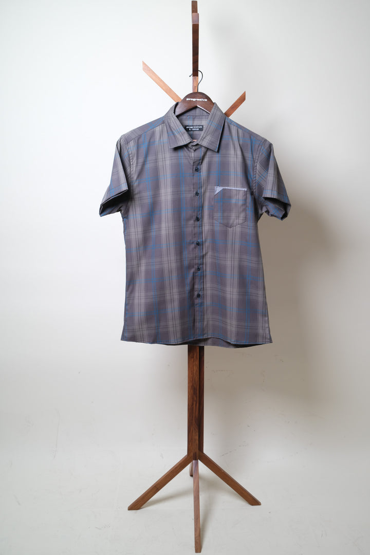 Camisa manga corta cuello normal - gris cuadros azules