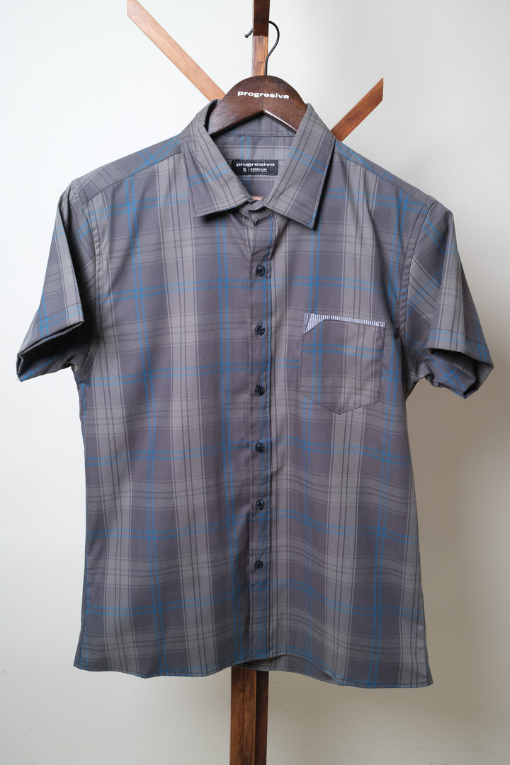 Camisa manga corta cuello normal - gris cuadros azules