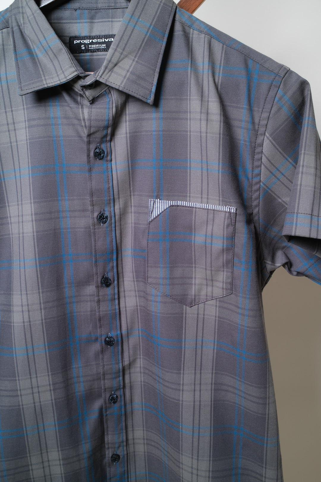 Camisa manga corta cuello normal - gris cuadros azules