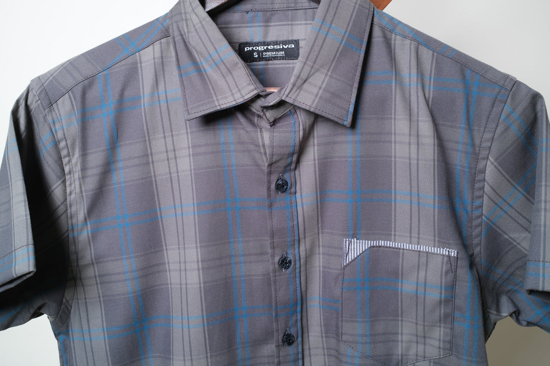 Camisa manga corta cuello normal - gris cuadros azules