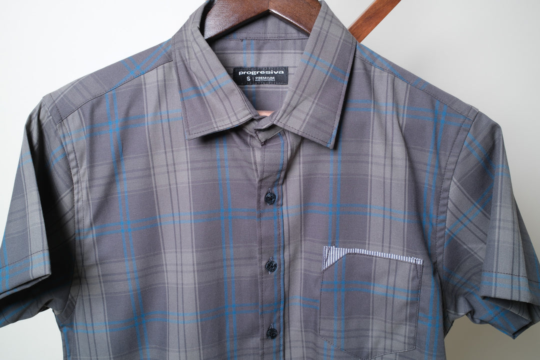 Camisa manga corta cuello normal - gris cuadros azules