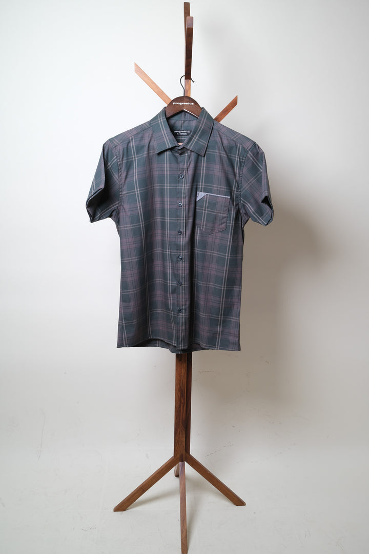 Camisa manga corta cuello normal - gris cuadros verde