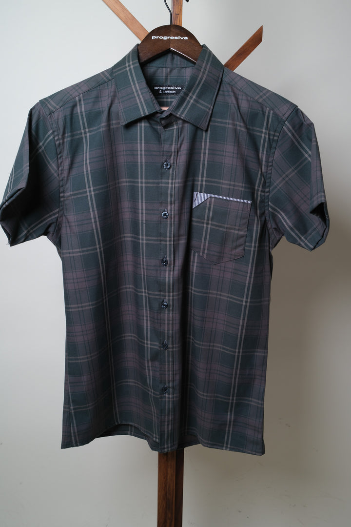 Camisa manga corta cuello normal - gris cuadros verde