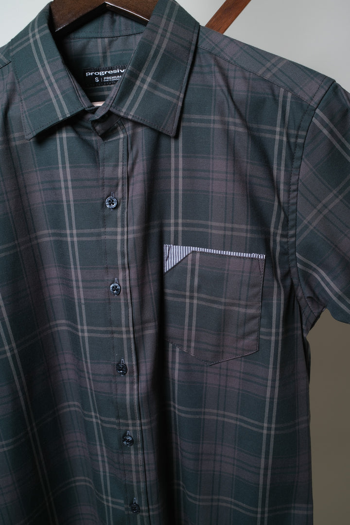 Camisa manga corta cuello normal - gris cuadros verde