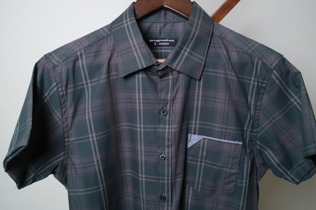 Camisa manga corta cuello normal - gris cuadros verde