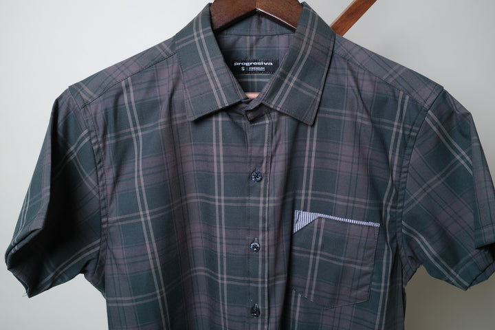 Camisa manga corta cuello normal - gris cuadros verde