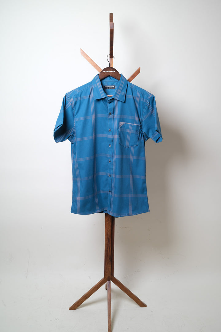 Camisa manga corta cuello normal - turquesa cuadros azules