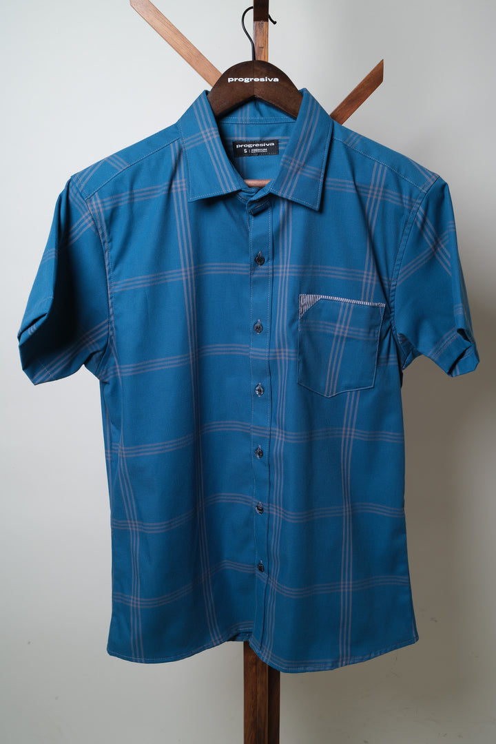 Camisa manga corta cuello normal - turquesa cuadros azules
