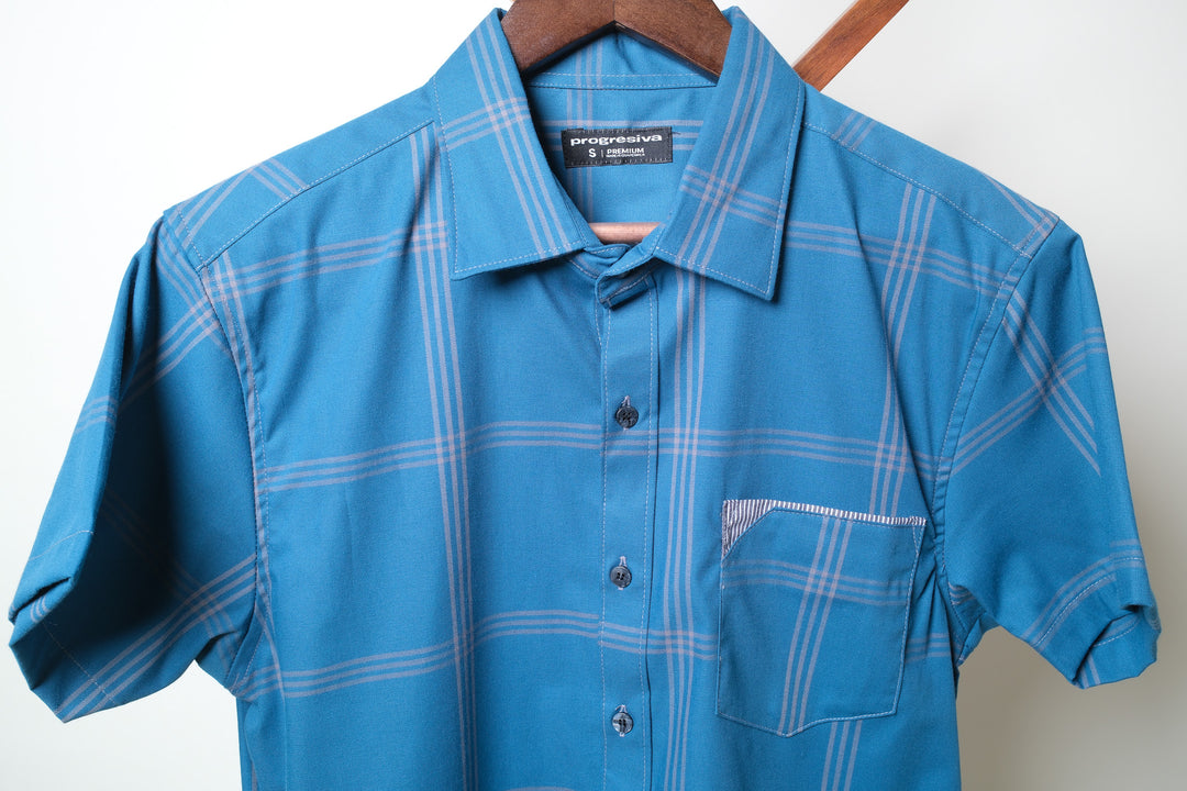 Camisa manga corta cuello normal - turquesa cuadros azules