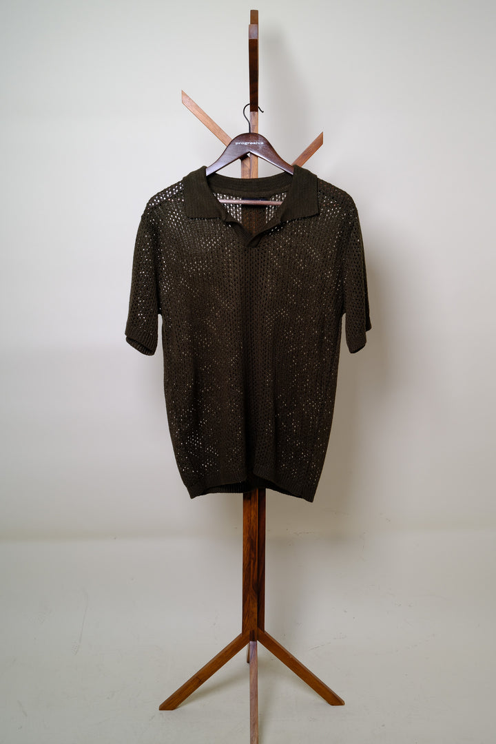 Playera Tipo Polo - Tejida verde olivo