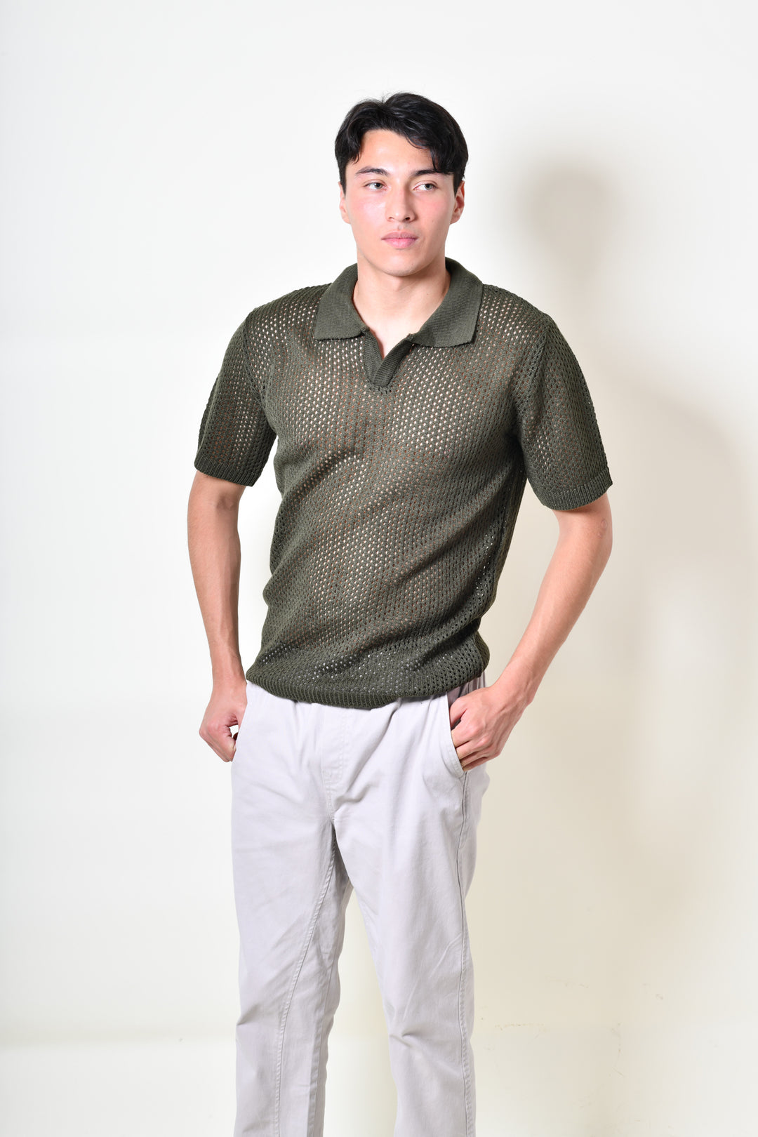 Playera Tipo Polo - Tejida verde olivo