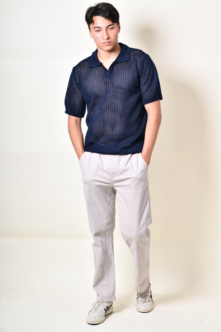 Playera Tipo Polo - Tejida  azul marino