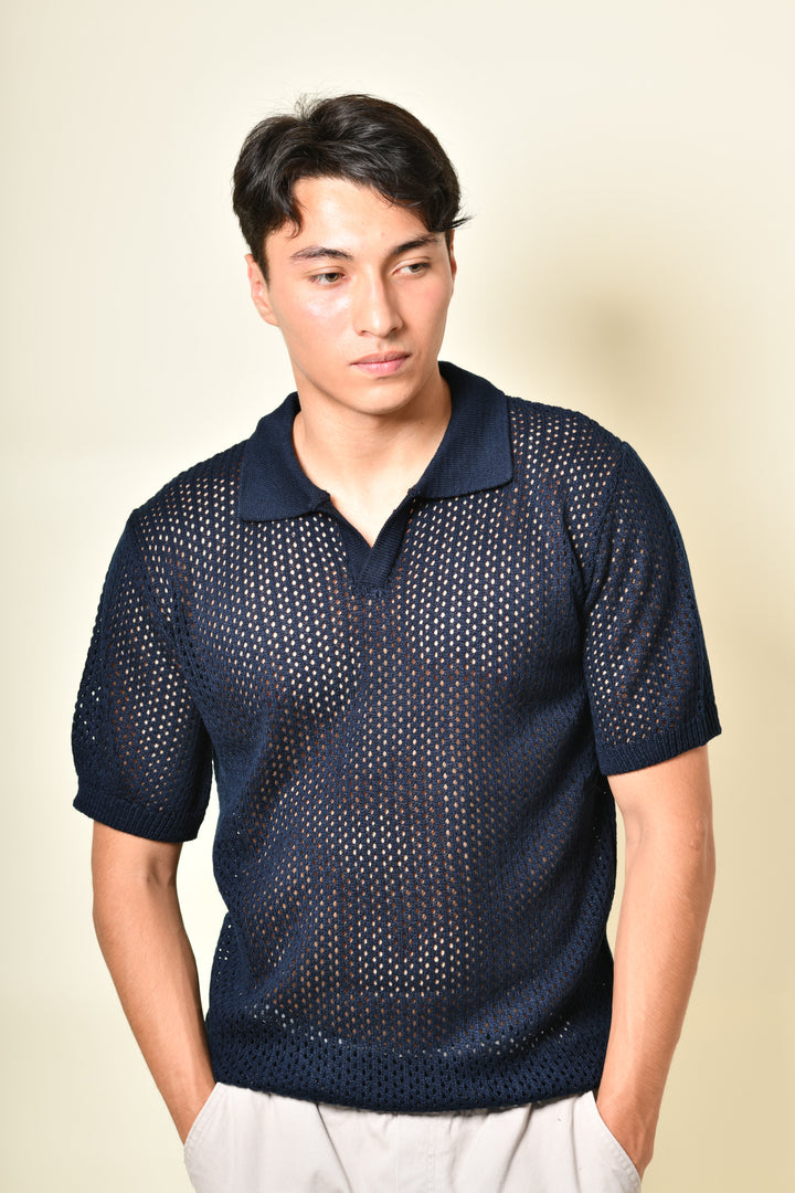 Playera Tipo Polo - Tejida  azul marino