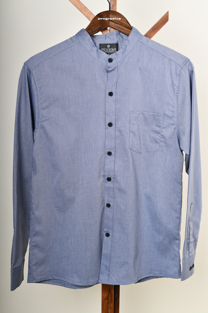 Camisa oxford manga larga cuello chino - azul grisácea