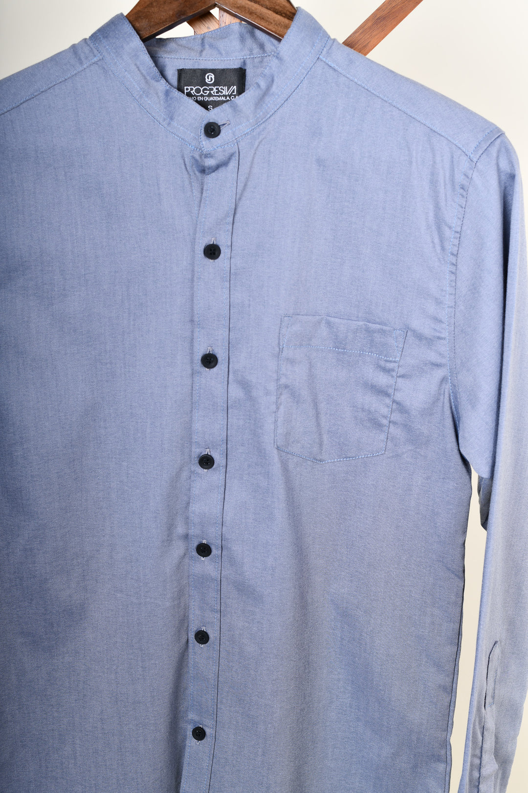 Camisa oxford manga larga cuello chino - azul grisácea