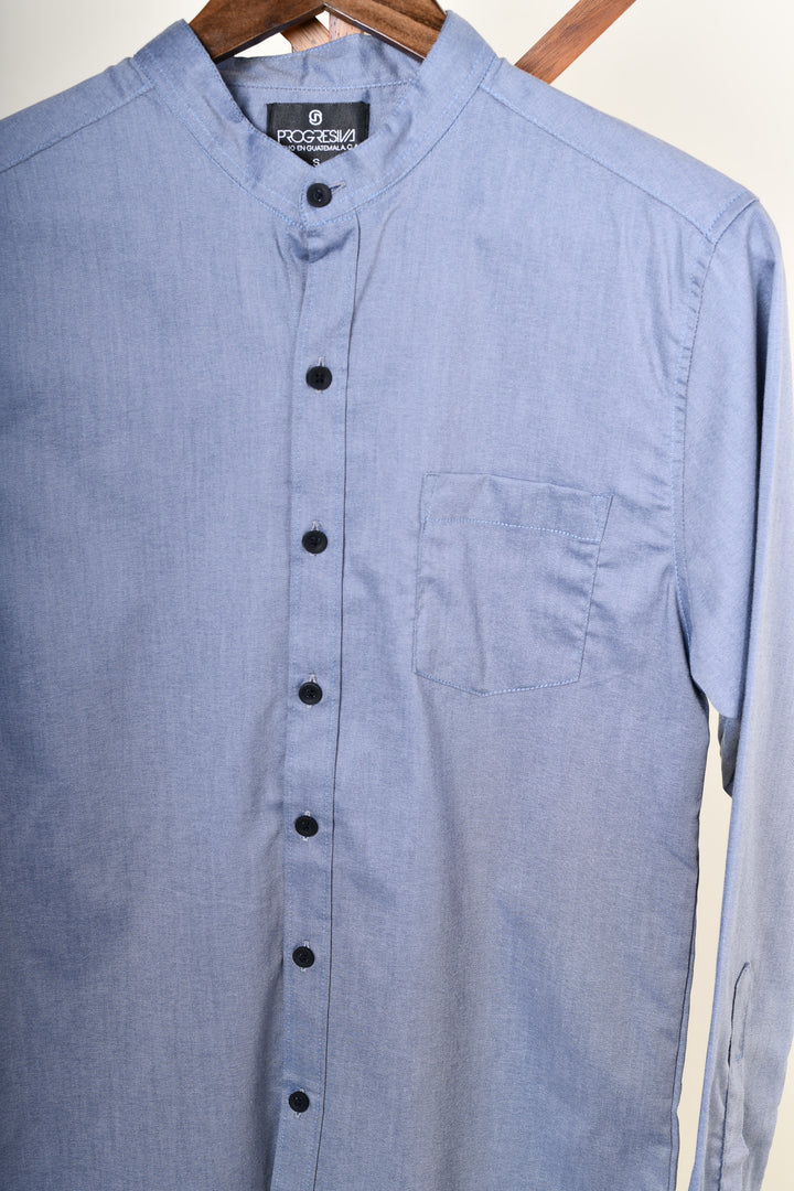 Camisa oxford manga larga cuello chino - azul grisácea